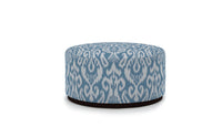 Ottoman in fabric featuring a damask pattern in French Blue color, with a detailed and ornate design