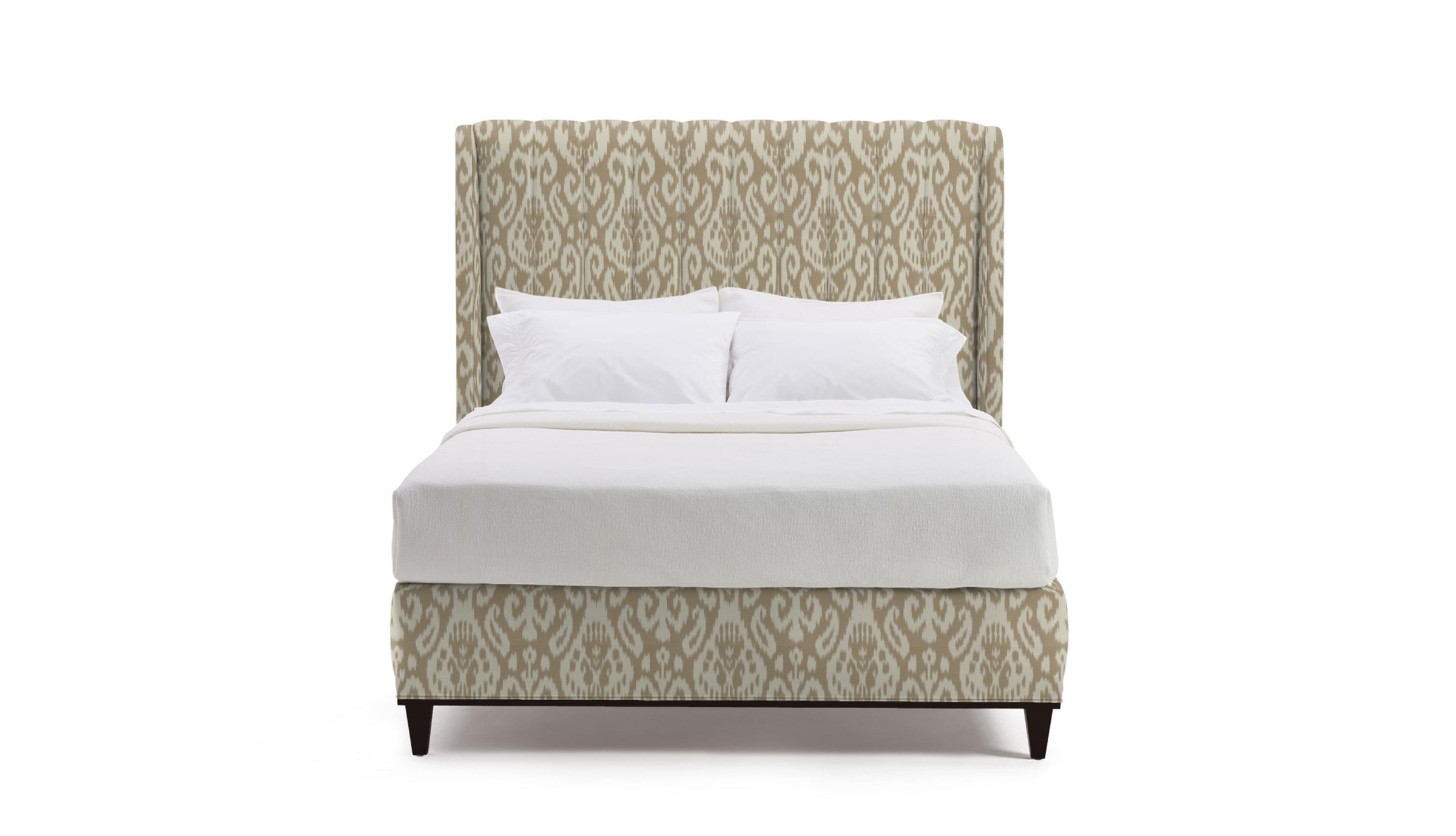 Upholstered bed in Fabric featuring a beige and cream damask pattern.