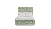 Upholstered bed in green abstract damask fabric