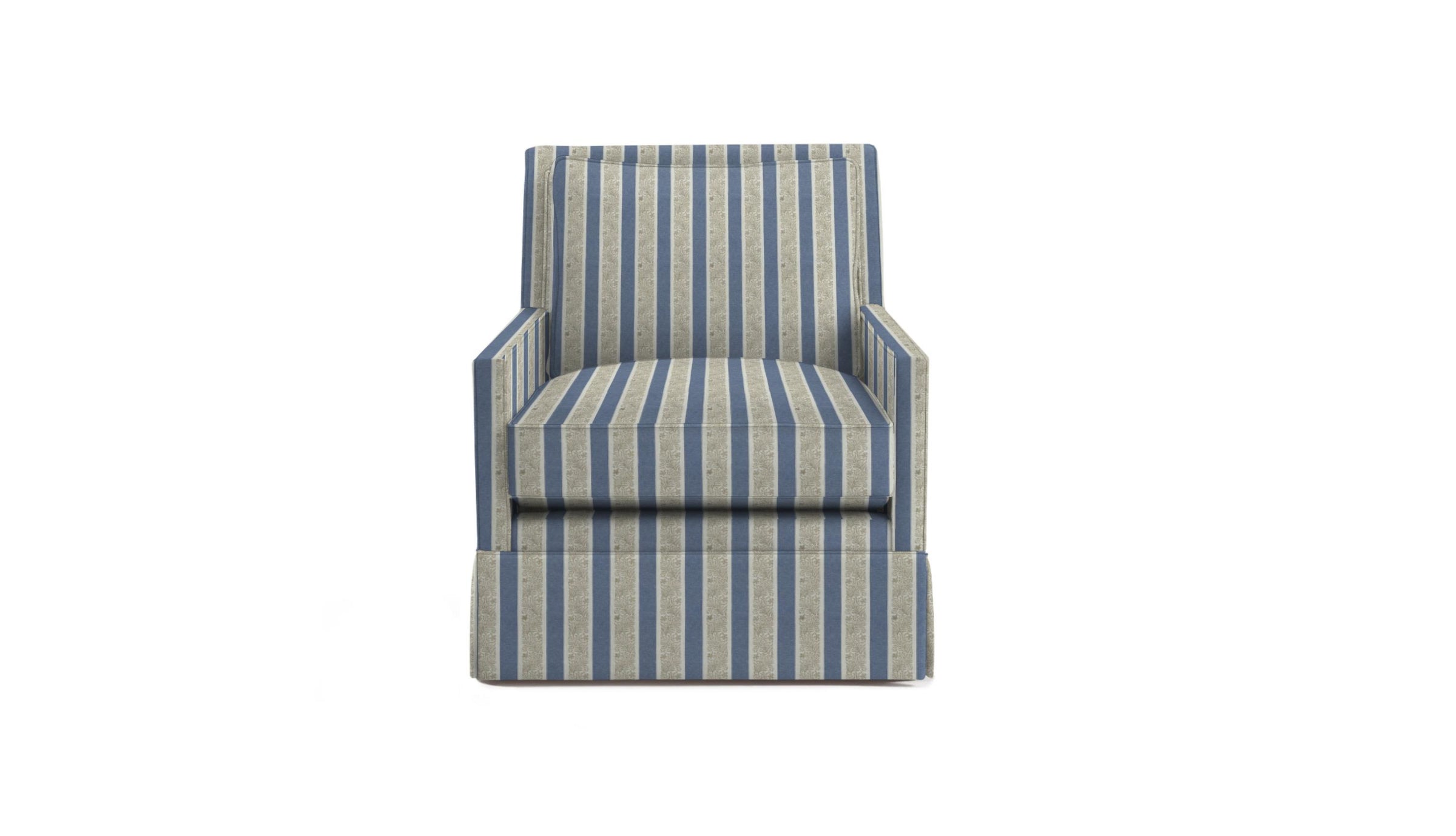 Chair in Fabric featuring a striped pattern with leaves in blue, taupe, and tan colors.
