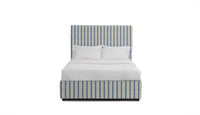 Upholstered bed in Fabric featuring a striped pattern with leaves in blue, taupe, and tan colors.