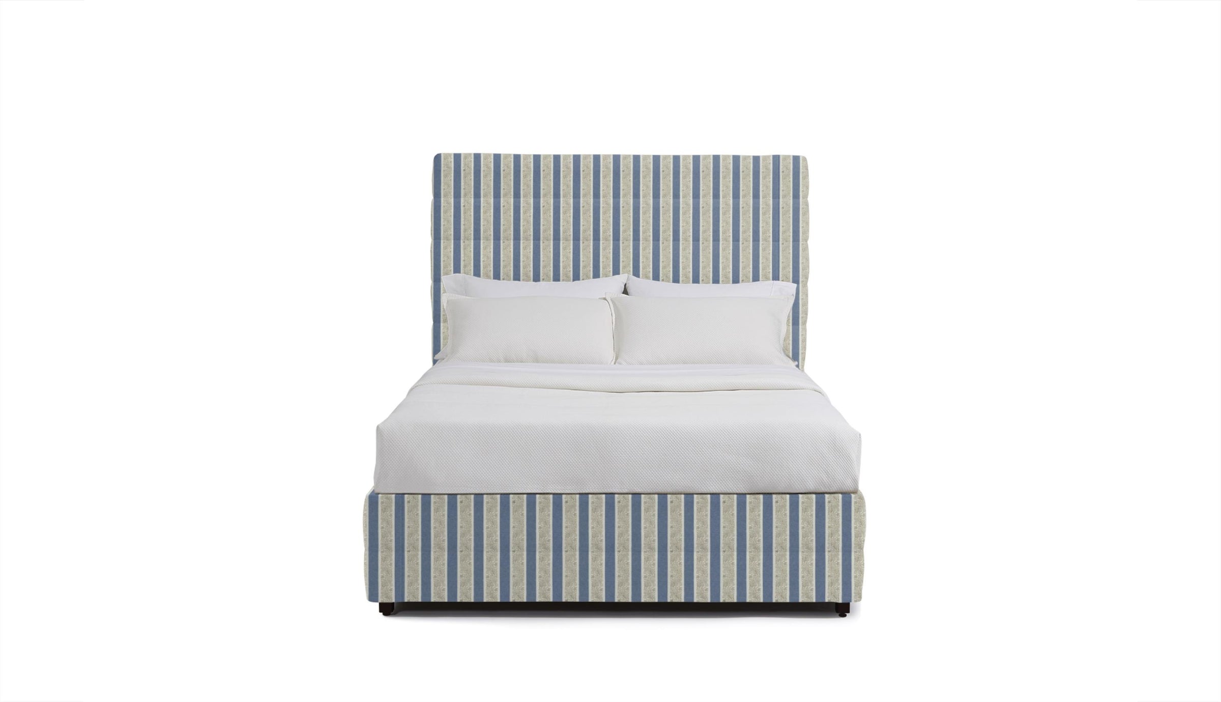Upholstered bed in Fabric featuring a striped pattern with leaves in blue, taupe, and tan colors.