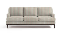 Sofa in fabric featuring a striped pattern with varying shades of pink, purple, and white colors, with a leaf print design.