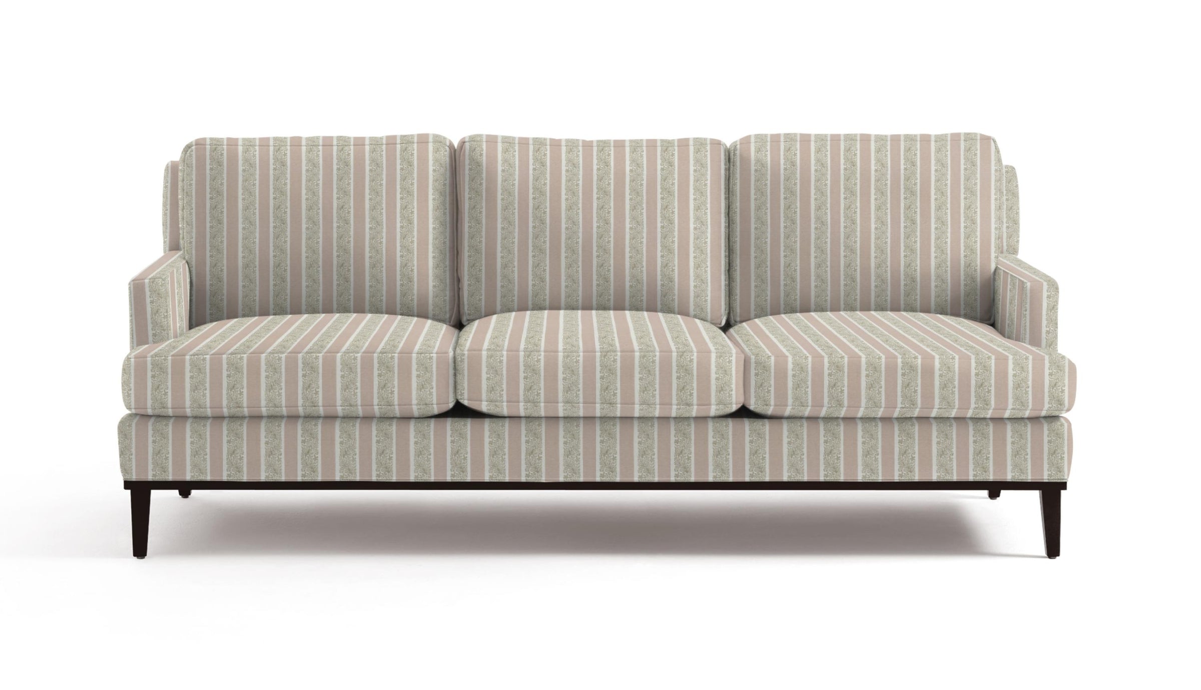 Sofa in fabric featuring a striped pattern with varying shades of pink, purple, and white colors, with a leaf print design.