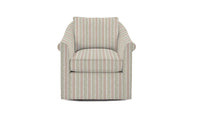 Chair in fabric featuring a striped pattern with varying shades of pink, purple, and white colors, with a leaf print design.