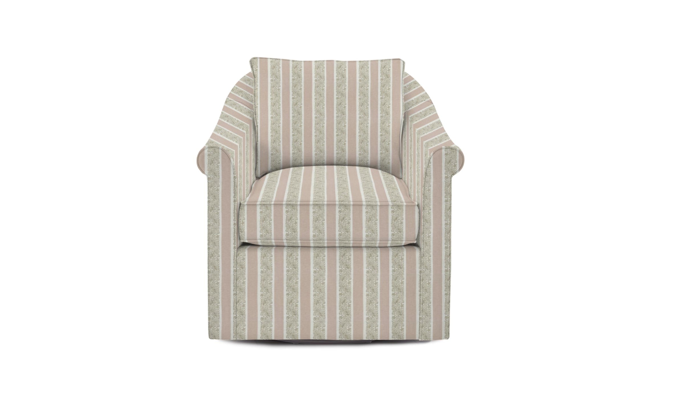 Chair in fabric featuring a striped pattern with varying shades of pink, purple, and white colors, with a leaf print design.