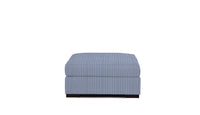 ottoman in fabric featuring a small-scale blue stripe pattern.