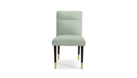 Chair with fabric featuring a small-scale green stripe pattern.