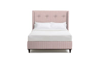 upholstered bed in fabric featuring a small scale pink stripe pattern.