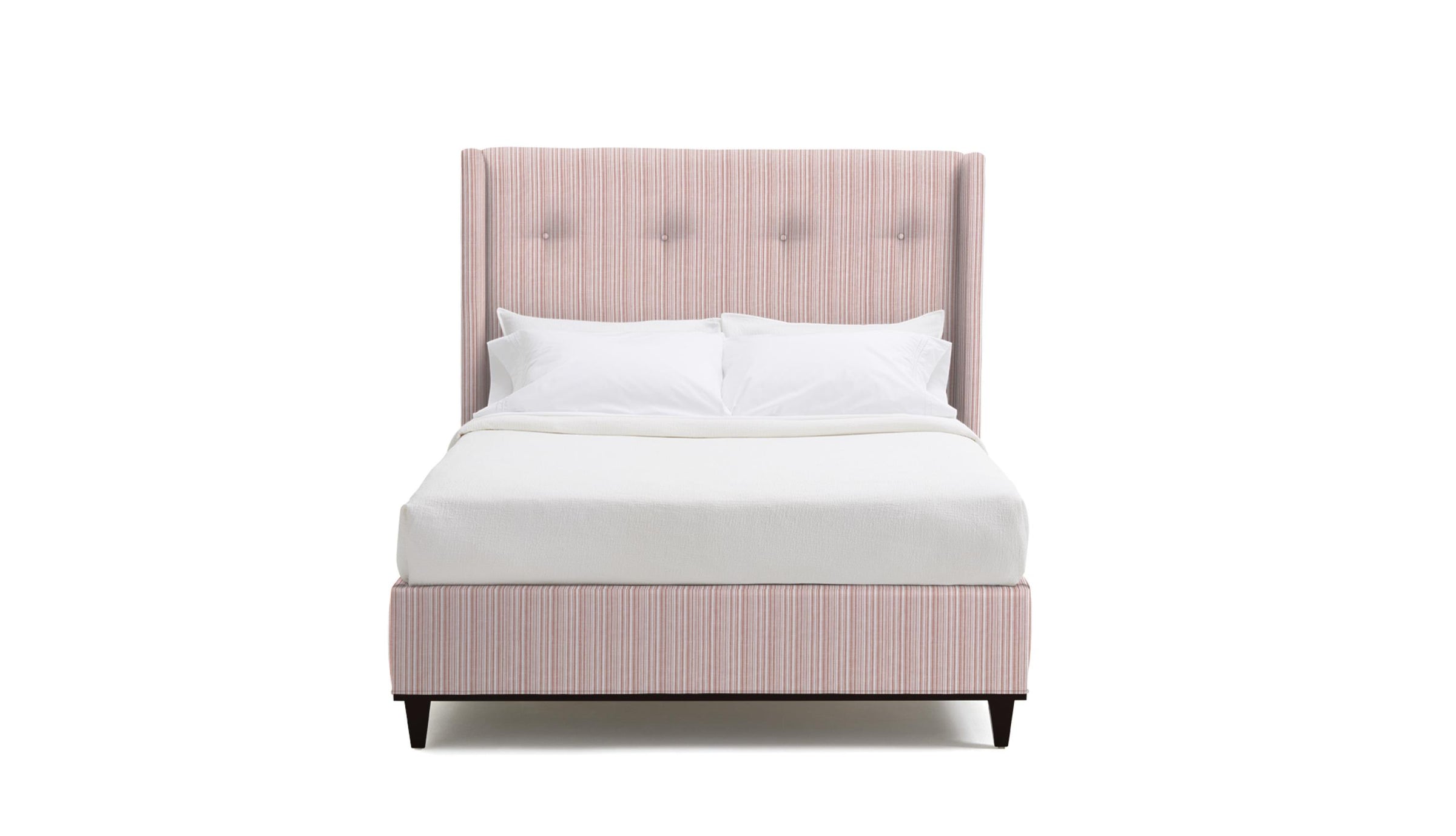 upholstered bed in fabric featuring a small scale pink stripe pattern.