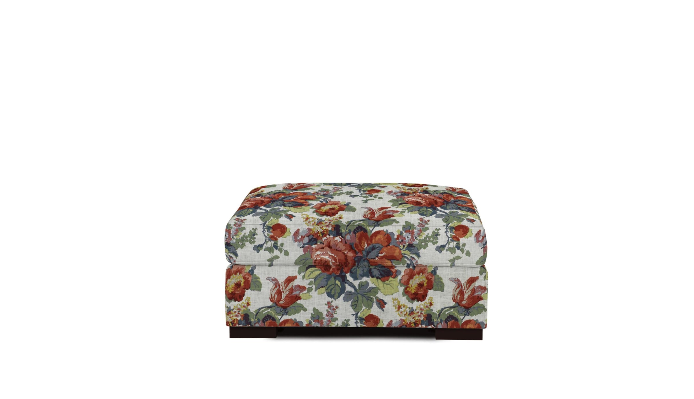 ottoman in Floral patterned fabric with red, green, and blue flowers on a white background
