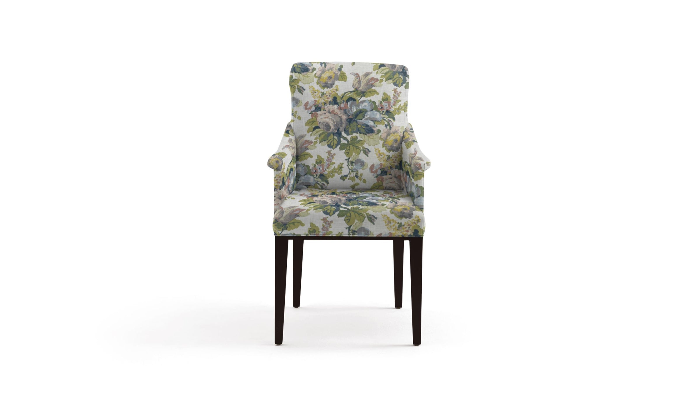 Chair in fabric with a large floral pattern featuring colors such as lavender, purple, green, pale blue, and pink.