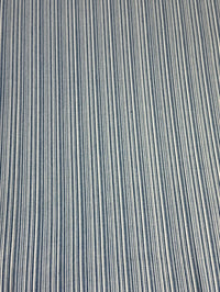 Close-up of fabric with thin vertical stripes in blue and white.
