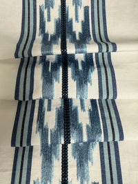 blue embroidered stripe pattern with a geometric design.