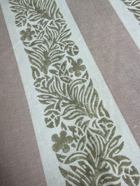 fabric featuring a striped pattern with varying shades of pink, purple, and white colors, with a leaf print design.