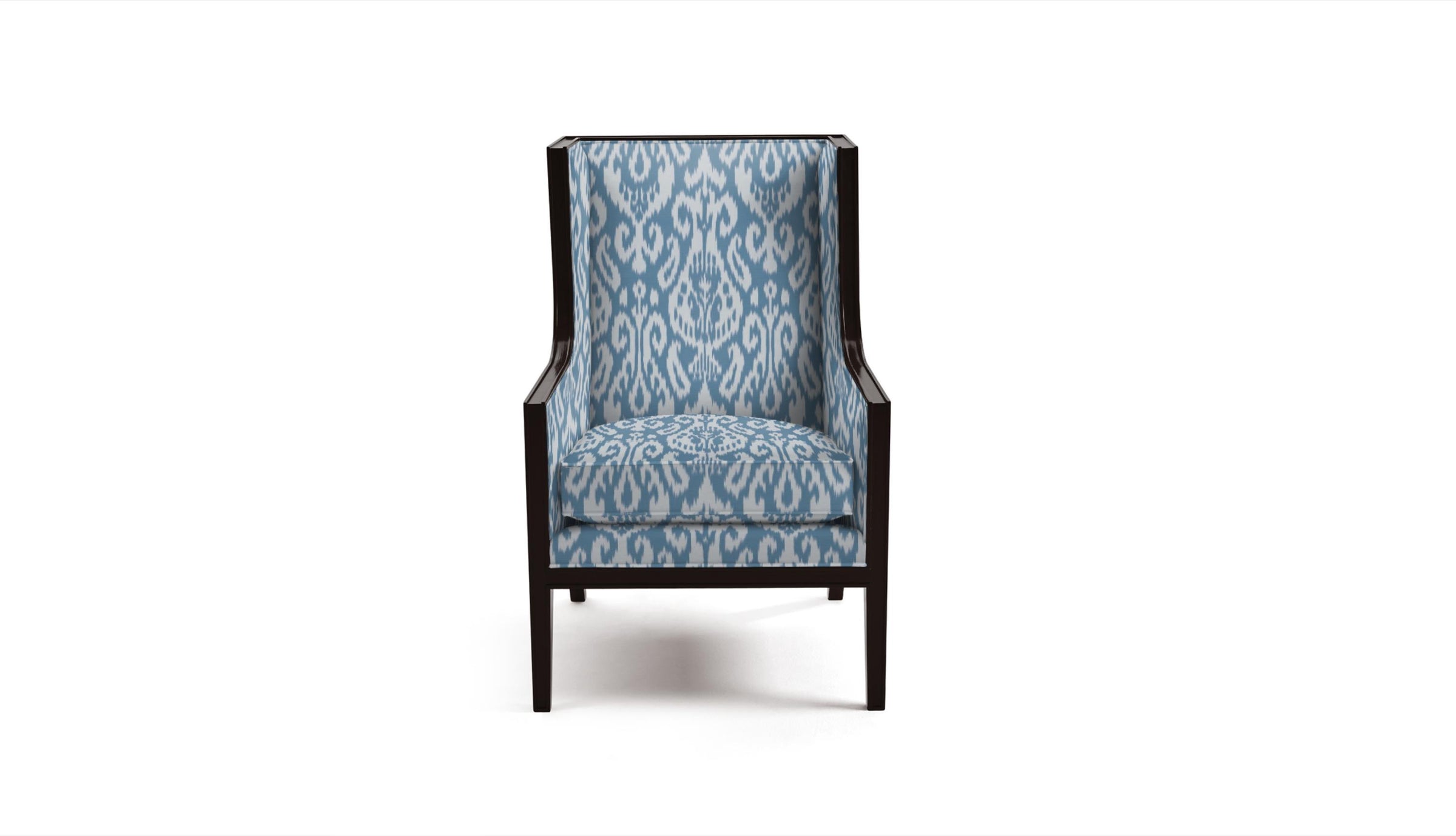 Chair with blue patterned fabric on a white background