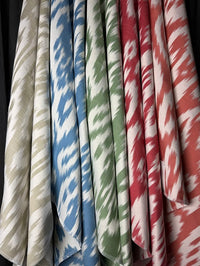 Set of damask fabric swatches with various patterns and colors.