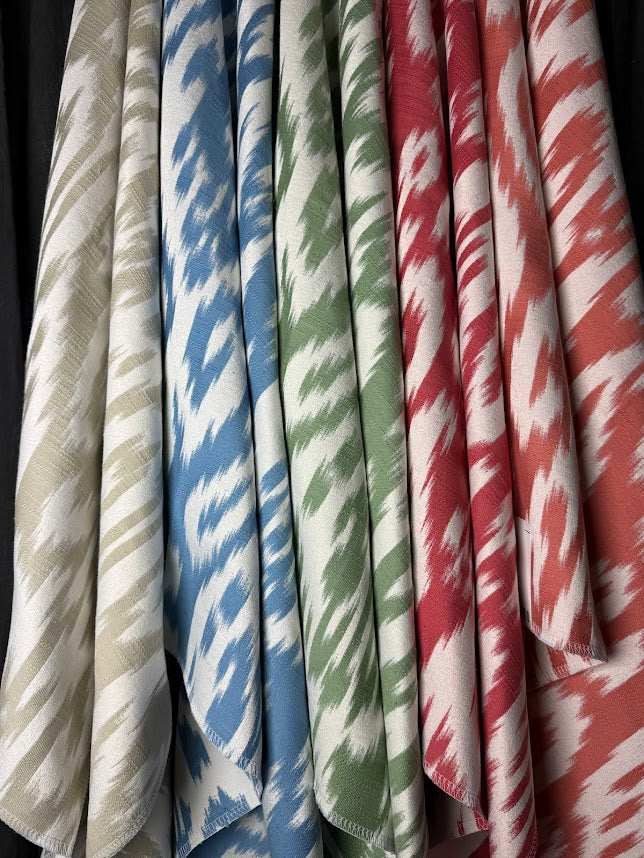 Set of damask fabric swatches with various patterns and colors.