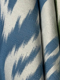 Close-up of fabric with blue and white abstract pattern