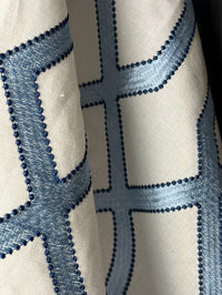 fabric featuring a geometric pattern with blue and light blue colors.