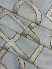 fabric featuring a geometric pattern with beige and white colors.
