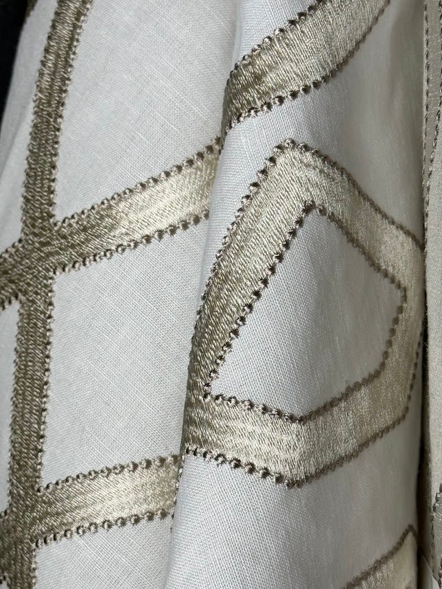 Close-up of a fabric with geometric pattern and metallic thread