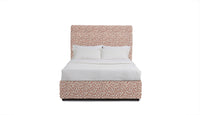 Upholstered bed frame in red leopard print