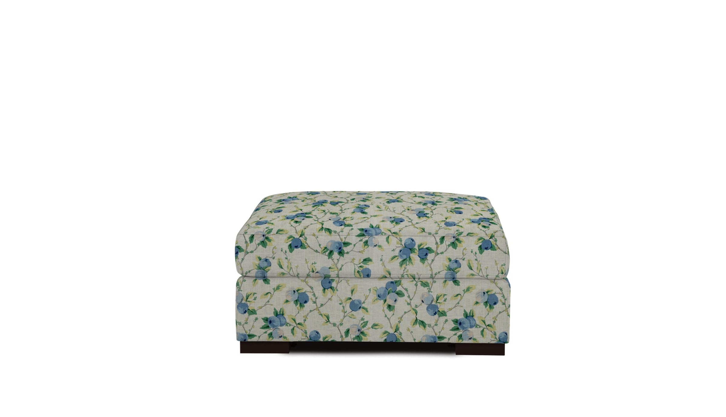 Ottoman  with blueberry patterned fabric on a neutral background