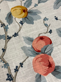 Close-up of a fabric with floral and fruit pattern