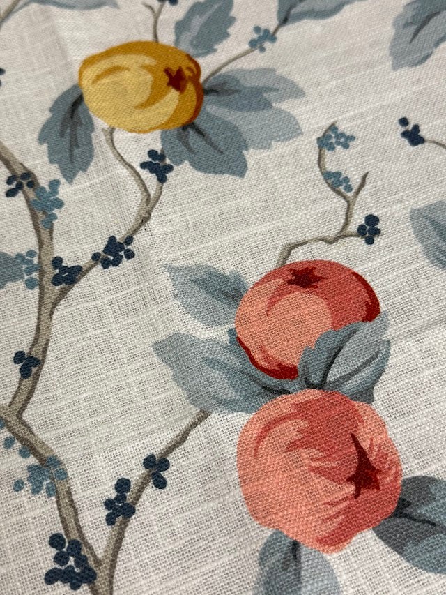 Close-up of a fabric with floral and fruit pattern