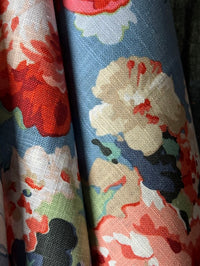 Close-up of floral fabric with red, white, and blue colors.