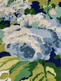 Close-up of a floral patterned fabric with blue, green, and white.