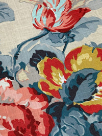 Close-up of a floral patterned rug with red, yellow, and blue flowers on a beige background.