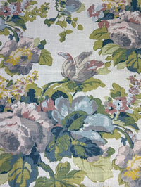 A fabric with a large floral pattern featuring colors such as lavender, purple, green, pale blue, and pink.