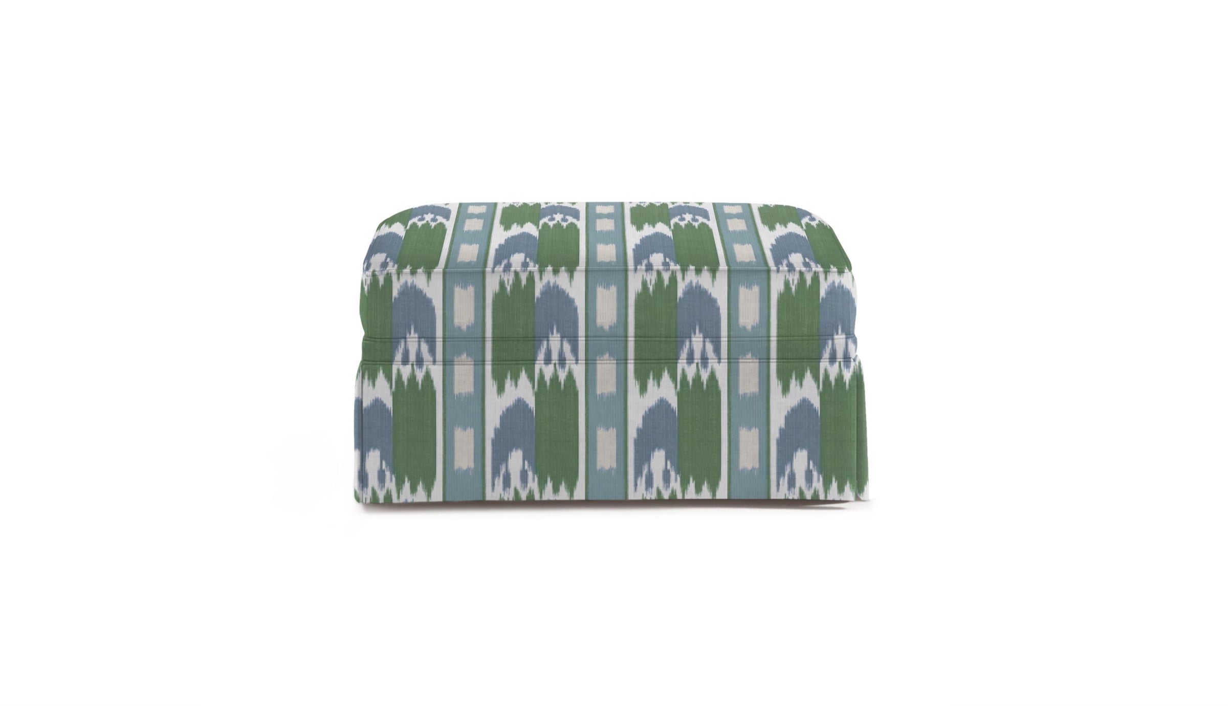 Patterned Truman ottoman with blue and green design on a white background