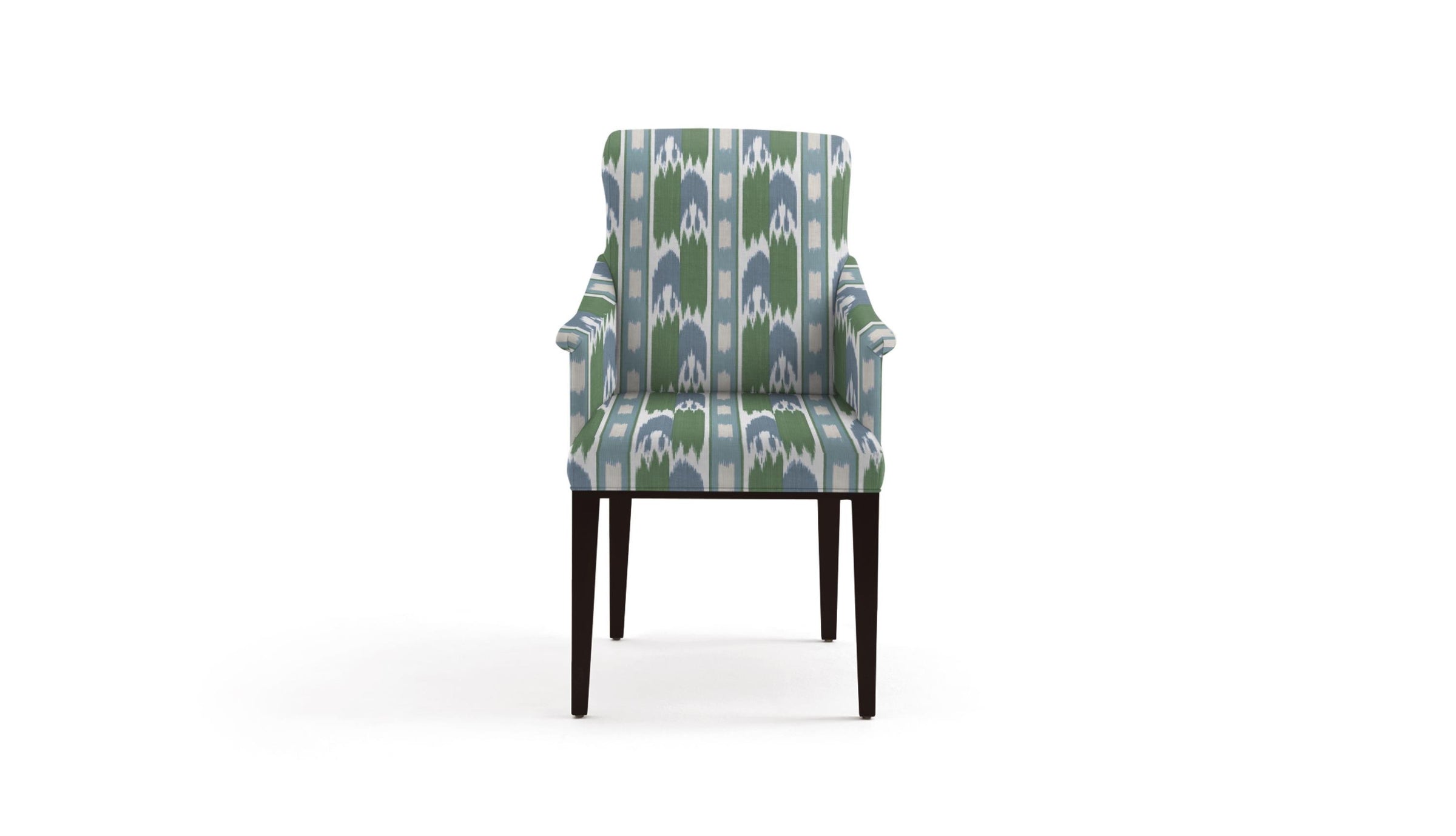 chair in fabric featuring a large scale geometric flame stitch pattern in green, aqua, and teal colors.