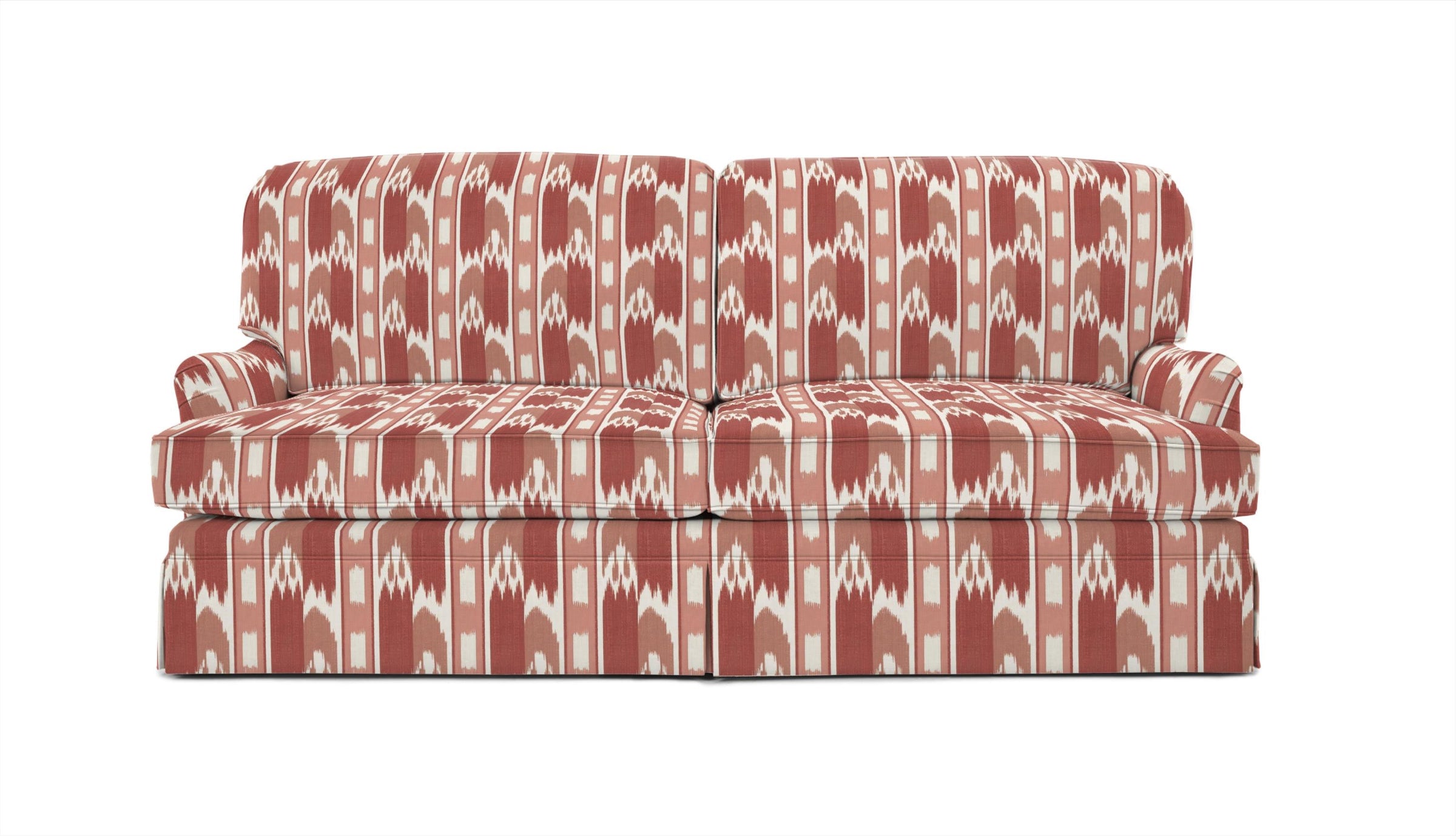 sofa in fabric featuring a large-scale geometric pattern with flame stitch design in pink and red colors.