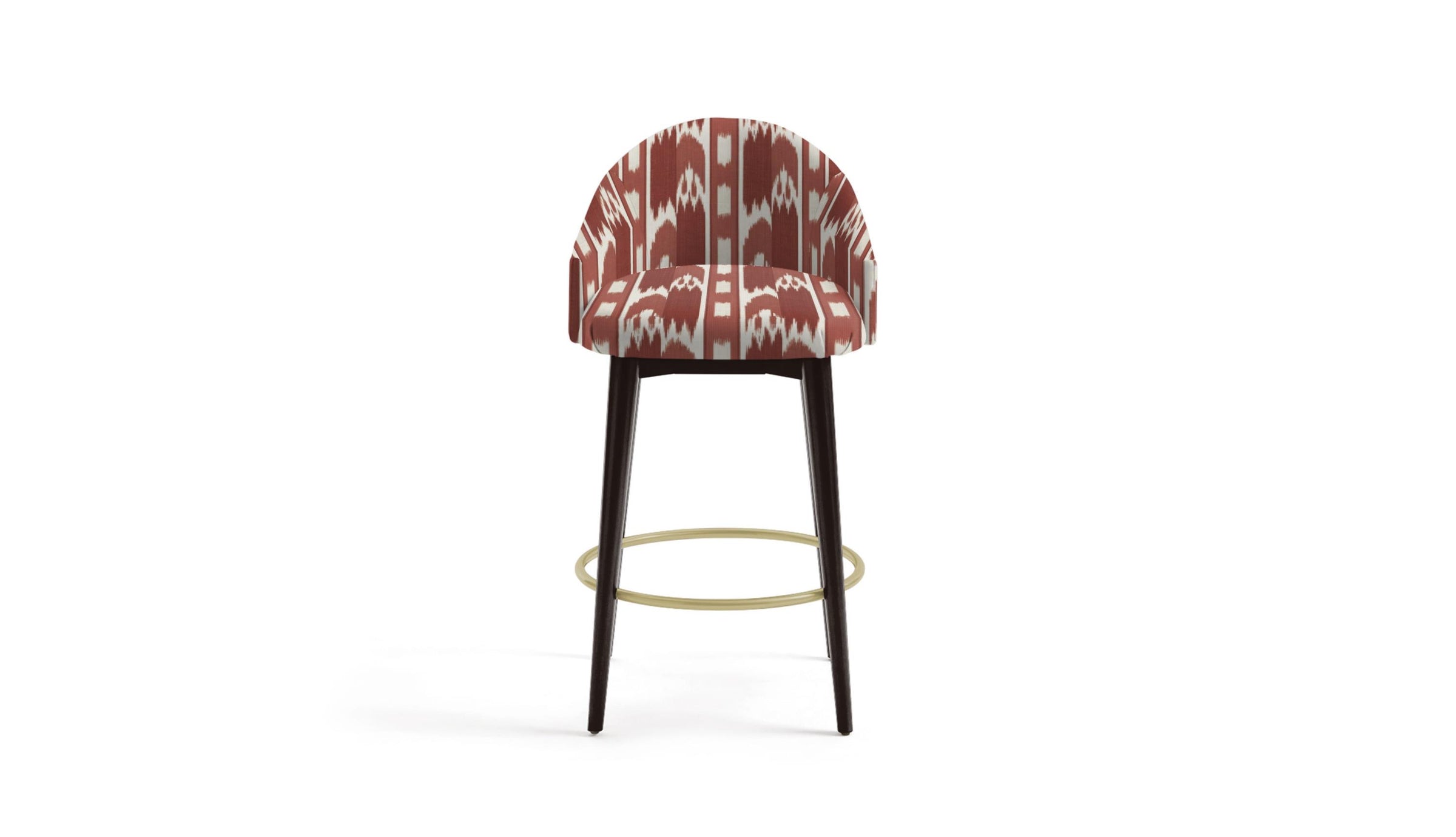 stool in fabric featuring a large-scale geometric pattern with flame stitch design in pink and red colors.