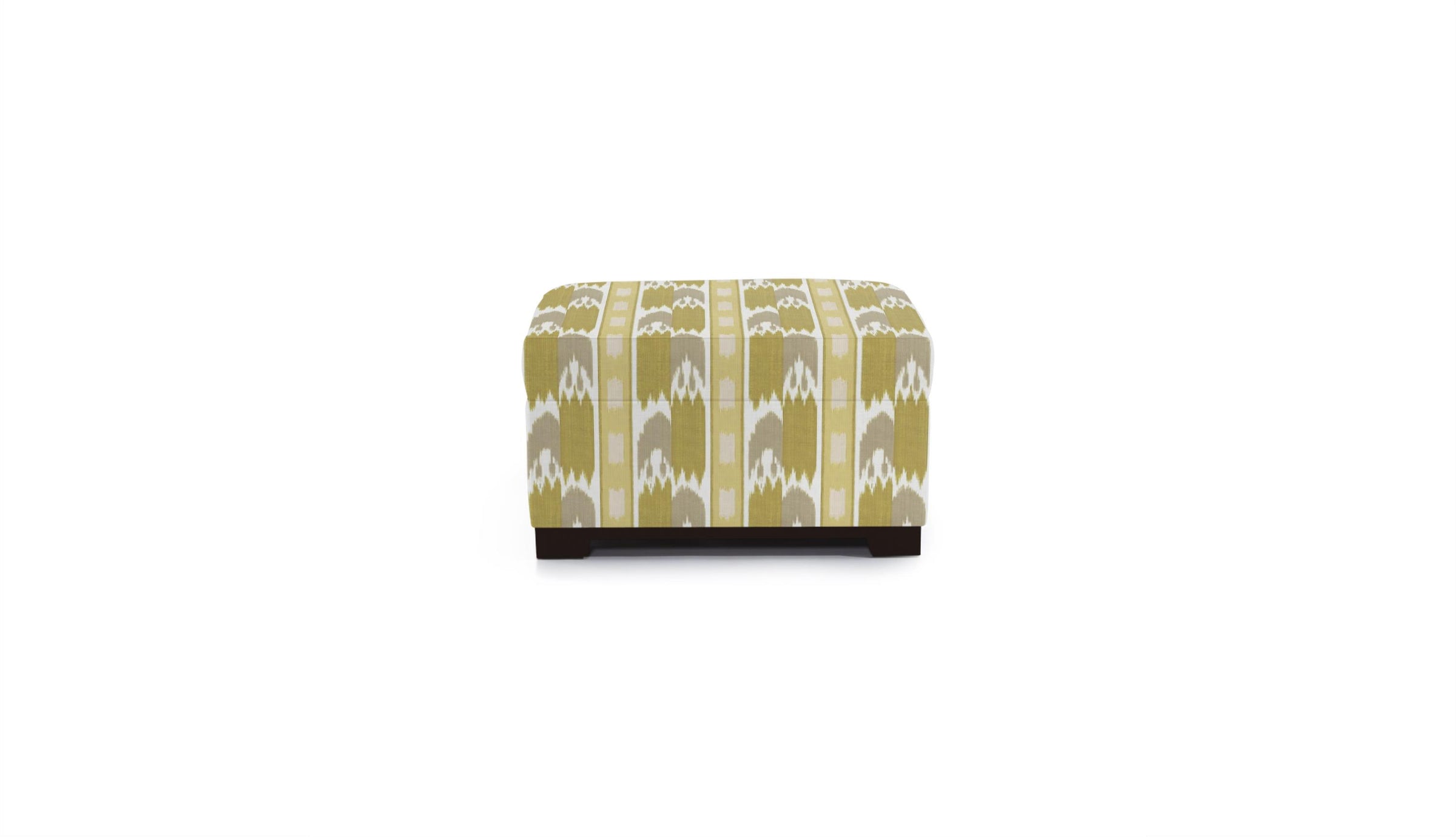 ottoman in fabric featuring a yellow geometric pattern with flame stitch design