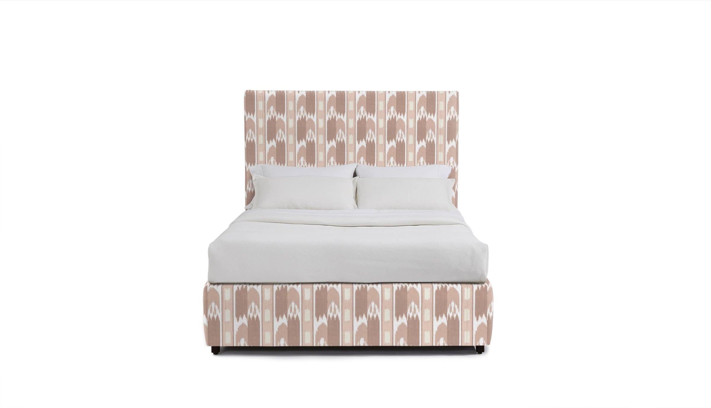 upholstered bed in fabric featuring a vertical flame stitch pattern with geometric designs in pink and white colors 