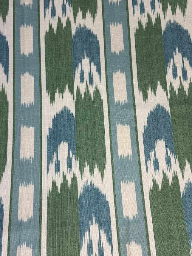 Patterned fabric with blue, green, and white colors
