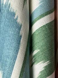 Close-up of fabric with blue, green, and white pattern