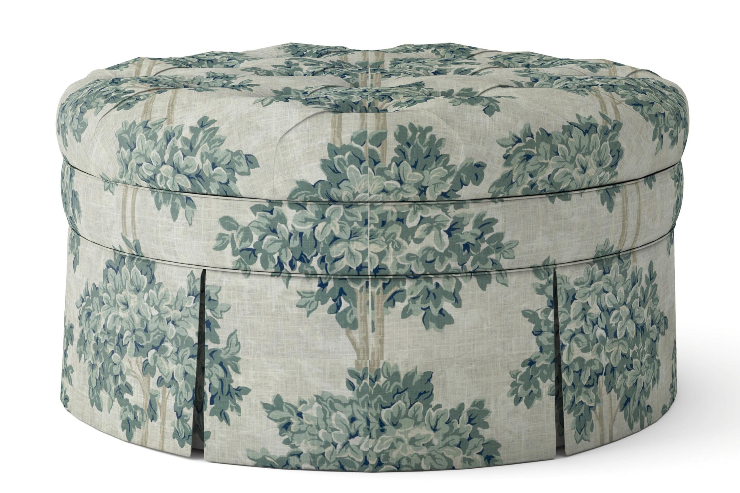 Round morgan skirted ottoman with floral pattern 