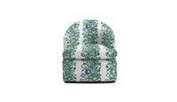 Chair in striped, abstract floral fabric in blue and green