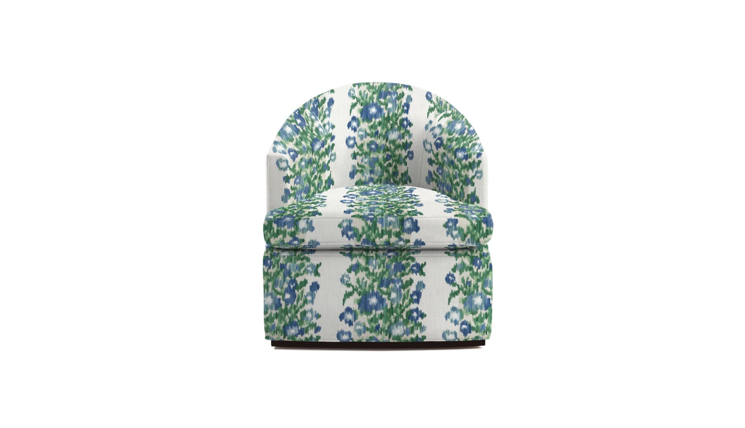 Chair in striped, abstract floral fabric in blue and green