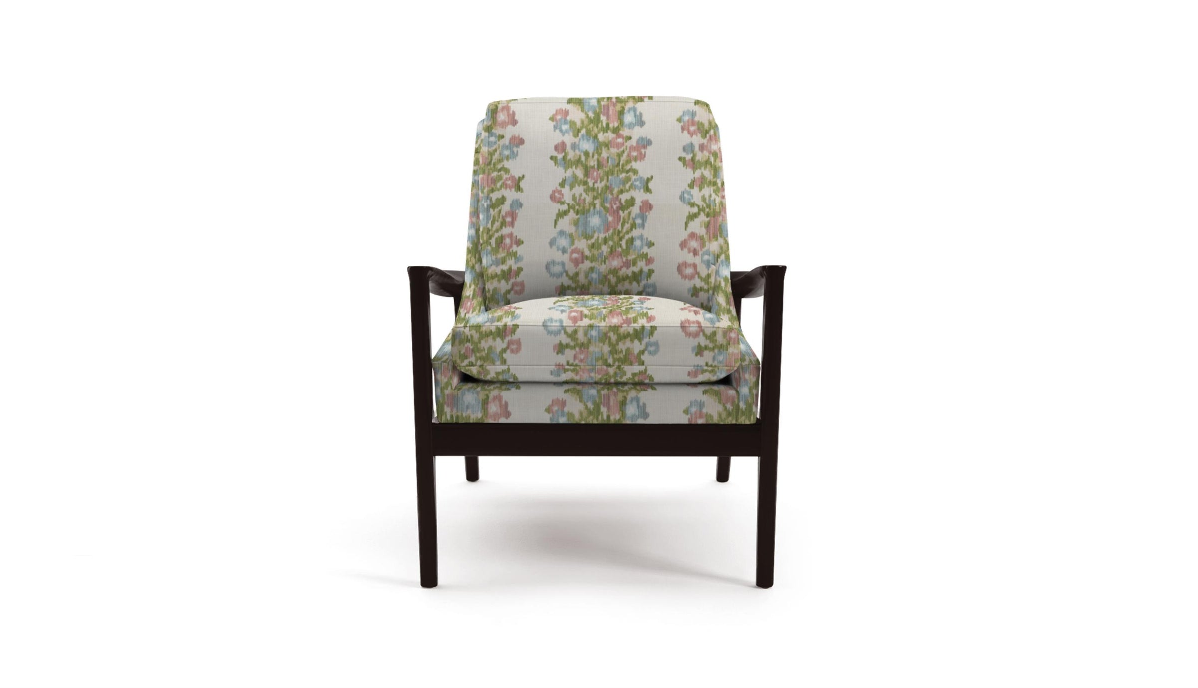 Chair in striped floral fabric in green, blue and pink