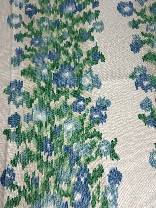 Close-up of fabric with blue and green floral pattern