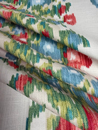 Close-up of patterned fabric with red, green, and blue colors.