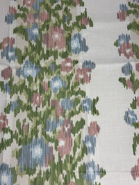Close-up of floral patterned fabric with green, blue, and pink colors.