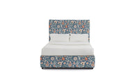 Stanford horizontal channel Bed with floral headboard and white bedding.